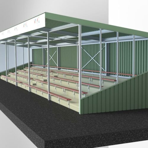 Tribune Alto/RTeplay 3D tekening lengte tribune 20 meter. De tribunes van de Replay-serie zijn leverbaar vanaf een lengte van 12 meter, ideaal voor sportvelden.